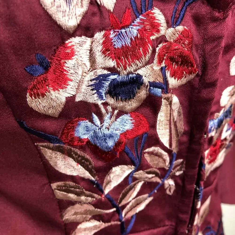 Free People maroon red embroidered floral collared hook front top size Small